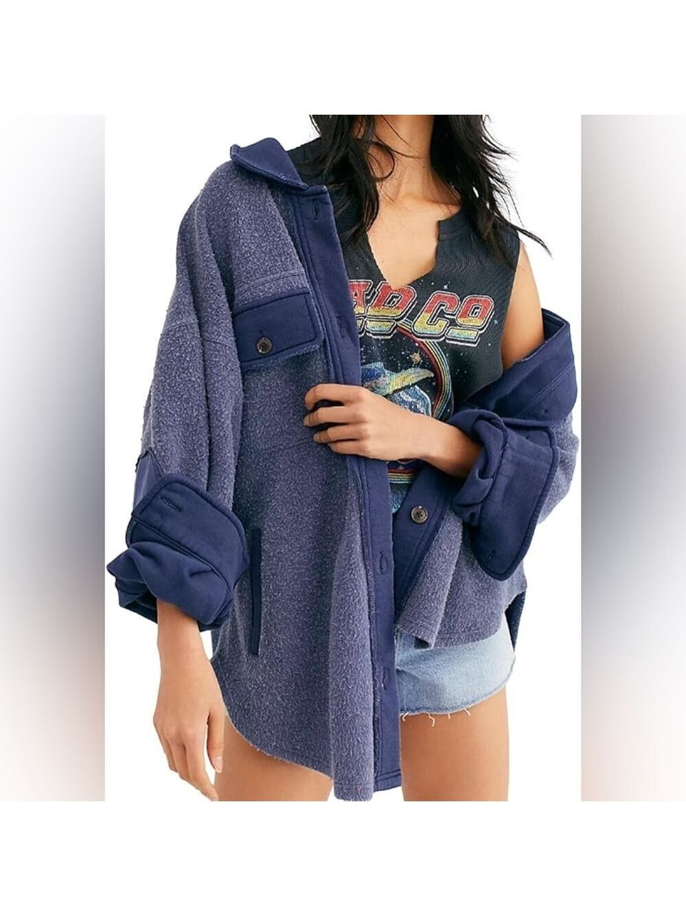 Free People Jacket Women's Size Large Oceania Blue Ruby Jacket oversized Shacket - Picture 15 of 17